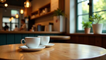 Fototapeta premium A clean empty table at a cozy cafe, with coffee cups and menu in the background, cafe, cozy