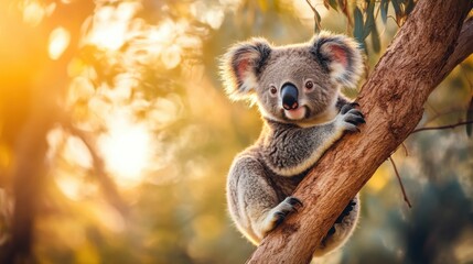 Fototapeta premium Playful Koala Climbing Eucalyptus Tree in Natural Australian Habitat