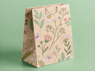 A brown paper bag filled with pink flowers is placed against a solid green background. The simple composition creates a fresh and spring-like atmosphere