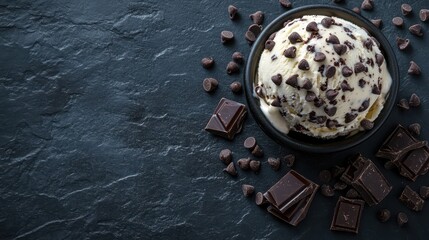 A scoop of chocolate chip ice cream in a black bowl, surrounded by chocolate chips and chunks on a dark slate background. Perfect for dessert menus, blogs, or articles about ice cream and chocolate.