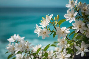 Jasmine Blossoms with Teal Ocean Background and Soft Focus Effects