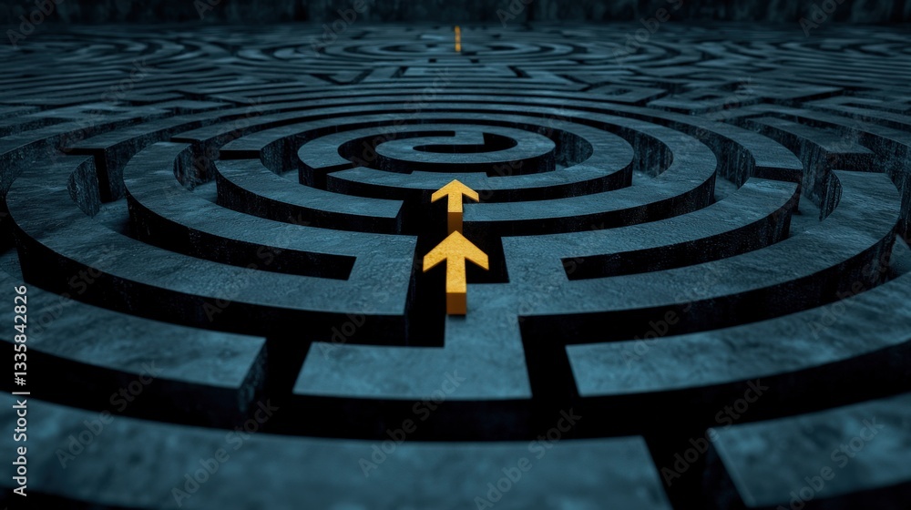 Poster a surreal interpretation of a labyrinth with glowing arrows for navigation.