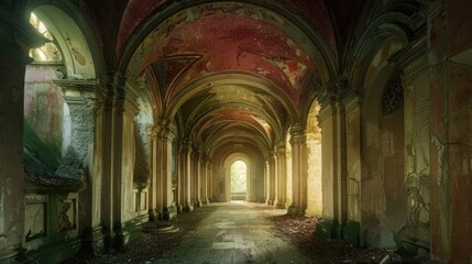 A long abandoned corridor with columns and natural light present