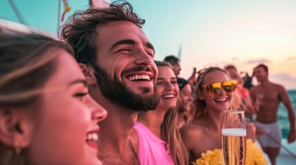 Fototapeta premium Happy Friends Celebrate on Catamaran Sunset Cruise