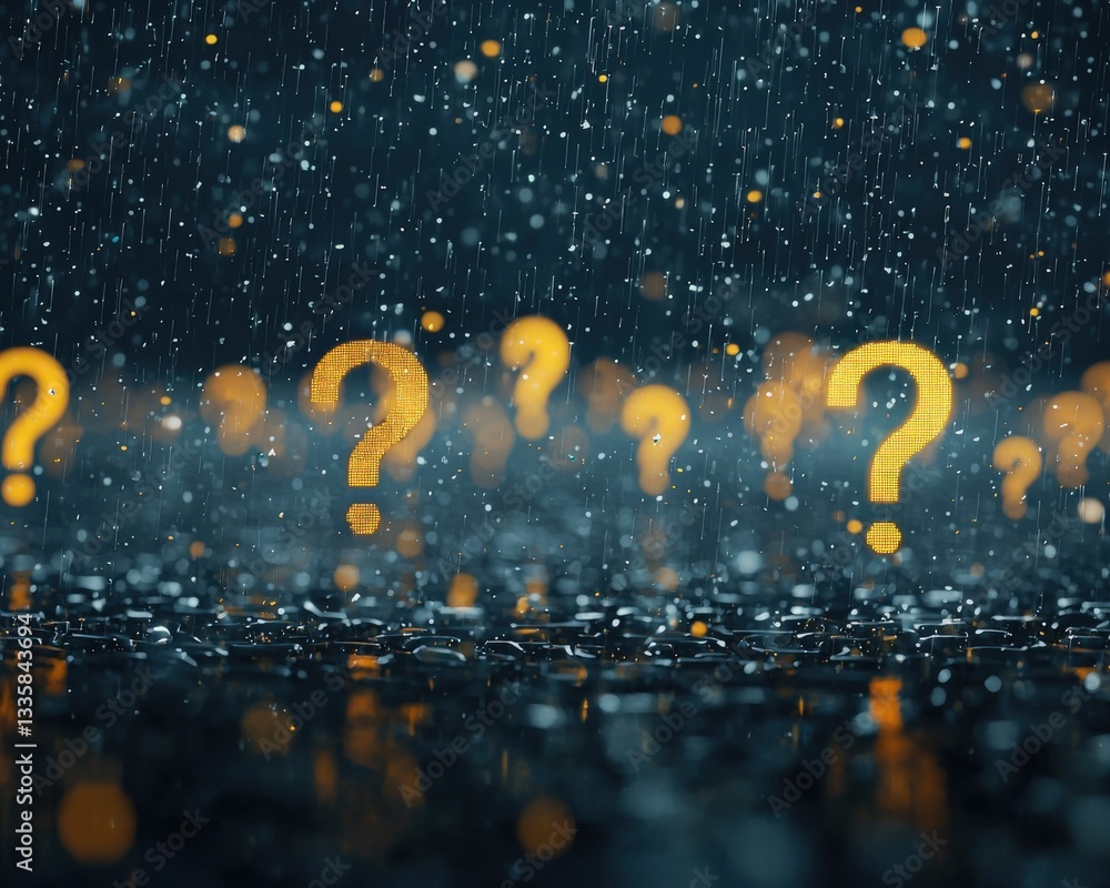 Poster a surreal storm of question marks raining answers in glowing forms.