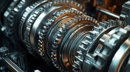 Close-up of intricate metallic gears. Illustrates complex machinery, perfect for industrial design or technology concepts.