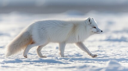 An Arctic fox in the snowy tundra of Lapland, with its white fur blending into the winter landscape 