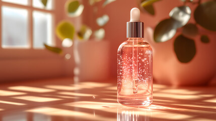 Glowing Essence: An elegant glass bottle filled with a radiant serum, capturing a moment of pure skincare bliss amidst natural sunlight and verdant foliage.