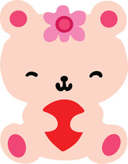 Cute red and pink colour teddy bear twinkle eye and flower on her head art clipart sticker illustration 