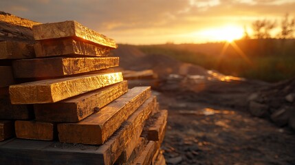 Obraz premium Lumber stacked near construction site bathed in the warm glow of sunset