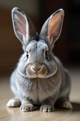 Fototapeta premium Adorable grey bunny with floppy ears lying on side, adorable, copy space