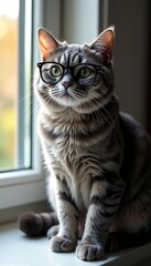 Obraz premium Adorable grey cat wearing stylish glasses sitting on windowsill, trendy, eyewear