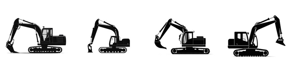 Excavator models, side view, white background isolated on white or transparent