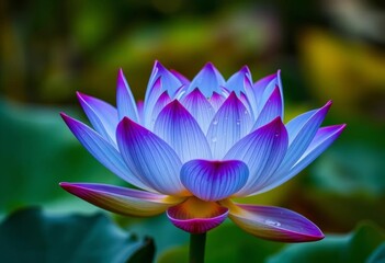 Intricate blue lotus blossom, vibrant petals, dew drops, spa, spirituality