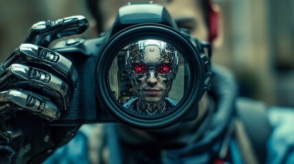 Fototapeta premium Futuristic Robot Photographer with High-Tech Camera and Glowing Red Eyes