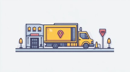 Stylized Yellow Delivery Truck in Urban Setting with Location Icon for Logistics Promotion