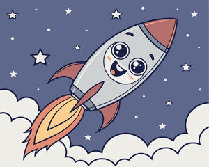 Cartoon Rocket Launching into Space with Stars and Clouds