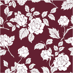 Seamless Vintage Rose Pattern with Decorative Leaves on Red Background