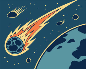 A vibrant cartoon comet with a fiery orange and yellow tail streaks across the dark blue expanse of space, near a teal planet and twinkling stars.