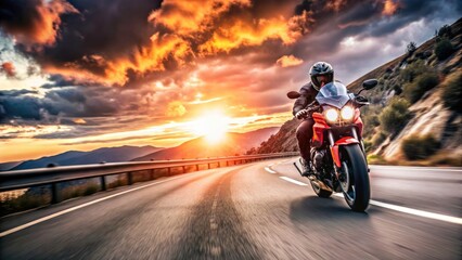 Fototapeta premium Panoramic Motorcycle Road Trip: Epic Highway Adventure, Stunning Landscape Views