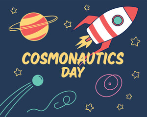 Fototapeta premium Celebrate Cosmonautics Day with this fun cartoon rocket, planets, and stars design.