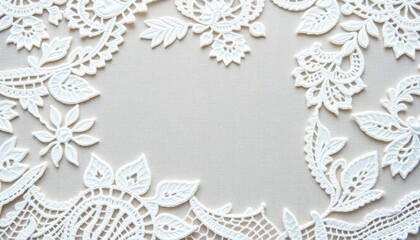 Intricate white lace fabric with ample negative space, light, ornate