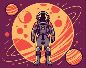 A vibrant illustration depicting a lone astronaut gracefully floating amidst a cosmic scene © Design Planer