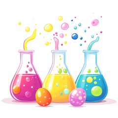 Colorful laboratory flasks with bubbling liquids and decorative eggs.
