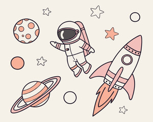 Cute Cartoon Astronaut in Space with Planets and Rocket