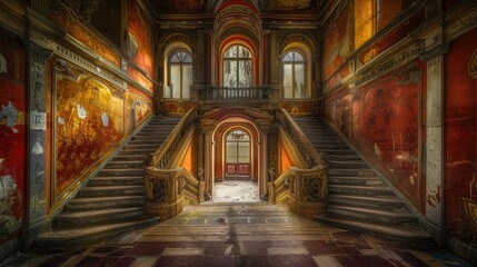 Fototapeta premium A grand abandoned staircase in a dilapidated and decaying interior