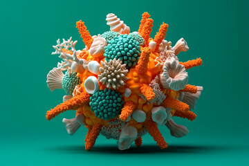 Fototapeta premium 3D render of the virus with corals, shells, and mushrooms on it