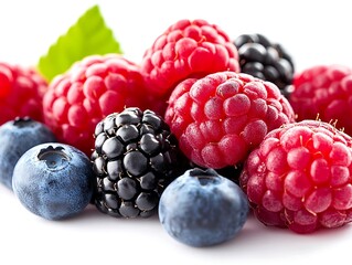 Fresh berries delight raspberries blackberries and blueberries on white surface