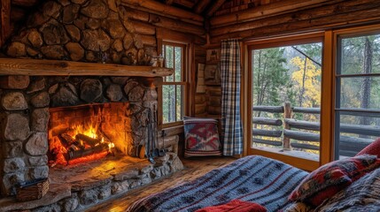 A cozy fireplace scene in a rustic log cabin setting