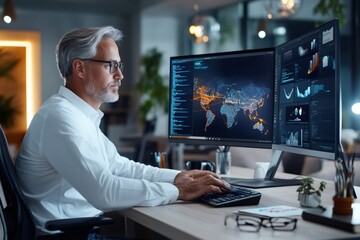 Network engineer working with global network connectivity and big data processing in modern office