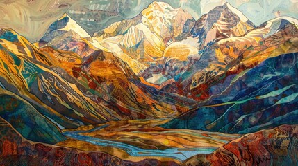Vivid painted mountain range with a tranquil river flowing through it