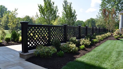 Obraz premium Black Lattice Fence Enhances Backyard Landscaping Design