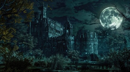 A Gothic Castle Lit By Moonlight In A Dark Forest