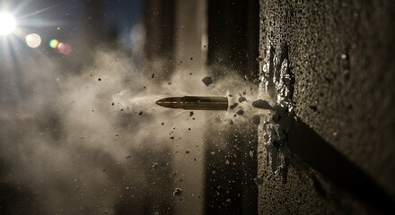 Bullet Impacting Concrete Wall with Dust and Debris in Mid-air