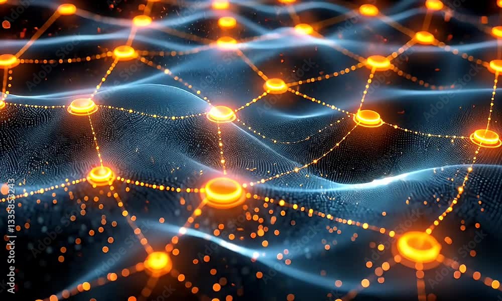 Poster abstract digital network rendered with glowing orange nodes and interconnected data flow.