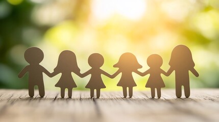 United Paper Family Holding Hands on Wooden Surface with Blurred Background