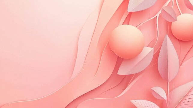 Elegant peach hued abstract floral design background with spheres and leaves