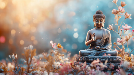 Buddha statue with flower and bokeh light background. Meditating Buddha. Buddha Purnima. Vesak day
