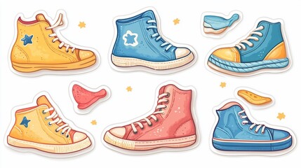Colorful sneaker illustration sticker set, sporty footwear for kids collection