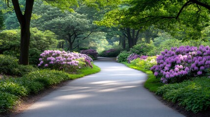 Obraz premium Winding path through blooming rhododendrons in a peaceful park