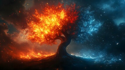 Obraz premium Striking digital art of a tree with fiery orange and cool blue leaves against a dramatic backdrop