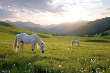 Fototapeta premium White horses grazing in a meadow at sunset in the mountains