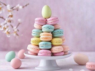 Colorful macarons stacked in tower on white stand with Easter egg on top. Pastel pink background and floral elements for holiday dessert display and creative inspiration.