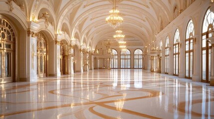 Obraz premium Empty ballroom with marble floor reflecting the light of crystal chandeliers in a palace