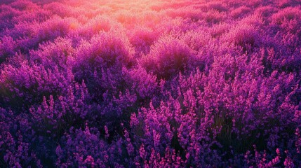 Vibrant lavender field at sunset, bathed in golden light. Perfect for projects needing calming, natural beauty, evokes serenity and tranquility.