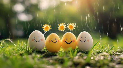 Adorable Easter eggs with smiling faces on green grass under rainy sunlight. Decorated with small sun ornaments, perfect for festive and cheerful inspiration.